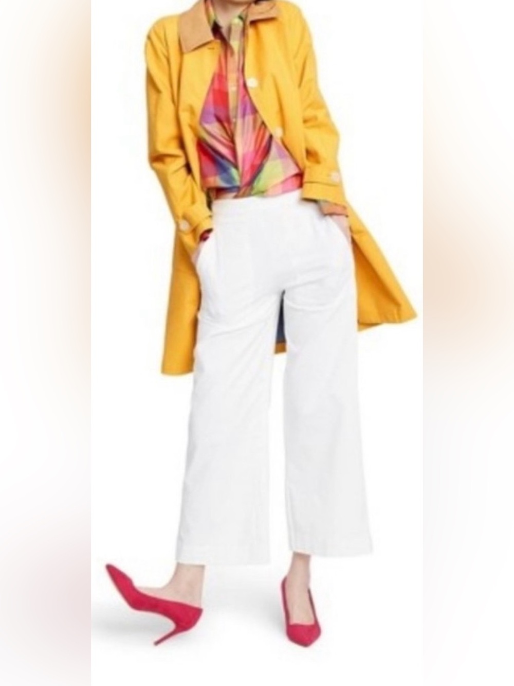 Isaac Mizrahi ~ Trench Coat ~ Bright Yellow ~ Tan Collar ~ Button-Up ~ Sz Med - Picture 4 of 7